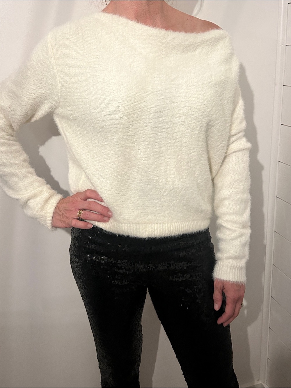 Lulu's Cream Off-Shoulder Fuzzy Boatneck Sweater